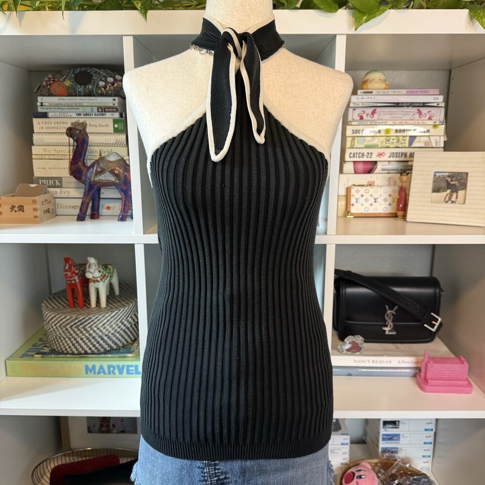 Vintage Y2K Mod Tie High Neck Ribbed Halter Tank Top Blouse Black Wms S